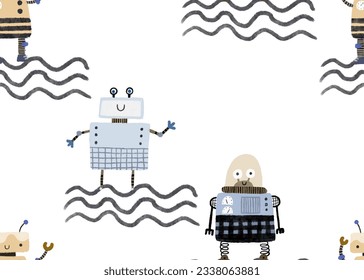 Childish seamless pattern with robots. Funny cartoon rotot, childish illustration.