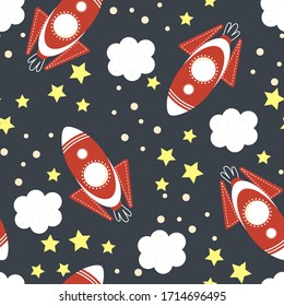 Kinderloses Muster mit einer Rakete, Sternen und Wolken auf dunklem Hintergrund. Weltraummuster für Kinder. Trendy Kids Vektorillustration Hintergrund für Tapeten, Kleidung, Verpackungen, Stoffe. 