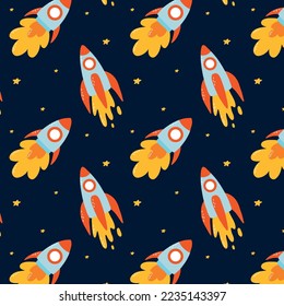 Patrón infantil sin fisuras con cohetes y estrellas. Impresión del espacio de los besos. Ilustración vectorial al estilo de las caricaturas planas.