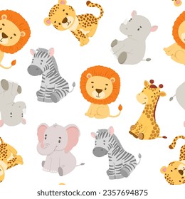 Childish seamless pattern with safari animals. Cute elephant, cheetah and giraffe in cartoon style. Vector african baby wild animals on white background.