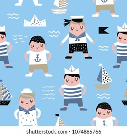 Childish Seamless Pattern with Sailor Boy. Children Marine Background with Boats for Fabric, Print, Wrapping, Wallpaper. Vector illustration