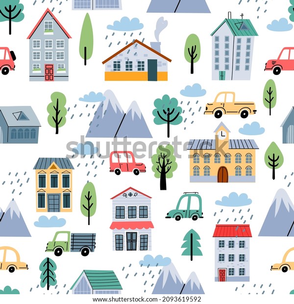 Childish seamless pattern with scandinavian\
houses, trees and cars. Cute town and transport. Cartoon landscape\
vector print for baby nurcery. Illustration of seamless\
scandinavian pattern