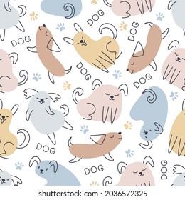 Childish seamless pattern in scandinavian style with funny hand drawn dogs. Trendy cute vector background with puppies. Ideal for wallpaper, textile, wrapping paper, fabric, kids apparel, nursery