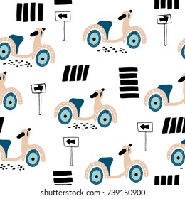 Childish seamless pattern scooter on road. Creative design with scooter for nursery,apparel,fabric,textile. Vector Illustration