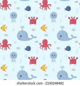 Kindernahtloses Muster mit Meerestieren. Ideal für Kinderbekleidung, Stoff, Textilien, Kindergartendekoration, Wickelpapier.