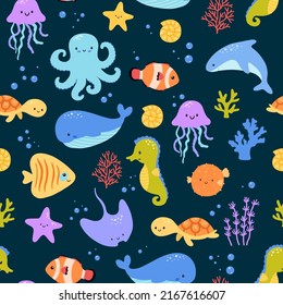 Childish seamless pattern with sea animals on dark background. Cute marine underwater fauna with turtle, whale and jellyfish. Endless design. Colorful flat cartoon vector characters