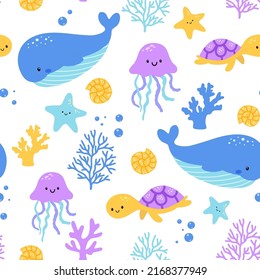 Childish seamless pattern with sea animals on white background. Cute marine underwater fauna with turtle, whale and jellyfish. Endless design. Colorful flat vector characters - Shutterstock ID 2168377949
