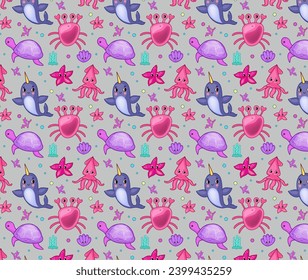 Childish seamless pattern with sea animals. Marine life objects for kids bedding, fabric, wallpaper, wrapping paper, textile. vector cartoon doodle 3d illustration.