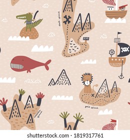 Childish seamless pattern. Sea illustration with islands, waves and pirate ships. Cute pattern for fabric, wrapping, textile, wallpaper, apparel. Vector illustration.