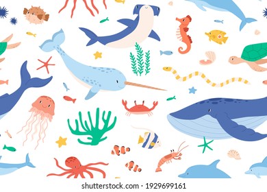 Childish seamless pattern with sea and ocean animals on white background. Cute marine underwater fauna with narwhal, whale and dolphin. Endless design. Colored flat cartoon vector illustration