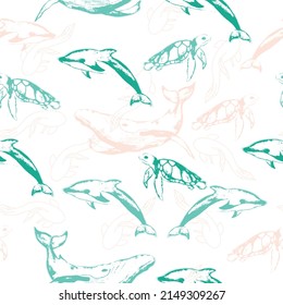 Childish seamless pattern with sea and ocean animals on white background.  Flat cartoon illustration