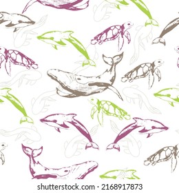 Childish seamless pattern with sea and ocean animals on white background.  Flat cartoon illustration