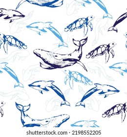 Childish seamless pattern with sea and ocean animals on white background.  Cute marine underwater fauna with narwhal, whale and dolphin. 