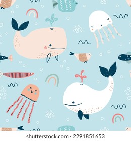 Childish seamless pattern with sea and ocean animals. Cute marine underwater fauna with whales, jellyfish and other underwater waterfowl. Endless design. Color flat vector illustration