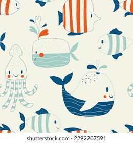 Childish seamless pattern with sea and ocean animals. Cute marine underwater fauna with whales, jellyfish and other underwater waterfowl. Endless design. Color flat vector illustration