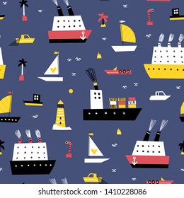 Childish seamless pattern with sea ships and seagulls. Summer bright background for fabric design. Scandinavian style.
