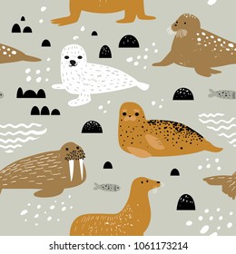 Childish Seamless Pattern with Seal and Walrus. Cute Background with Abstract Elements. Baby Oceanic Doodle for Fabric Textile, Wallpaper, Wrapping. Vector illustration