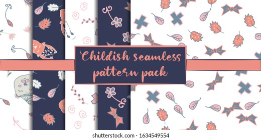 Childish seamless pattern set made in hand drawn doodle style. Design animal made in soft colours. Background or wallpaper may use for wrapping paper, web page, kids nursery, postcard, hand made album