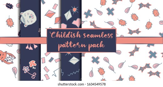 Childish seamless pattern set made in hand drawn doodle style. Design animal made in soft colours. Background or wallpaper may use for wrapping paper, web page, kids nursery, postcard, hand made album