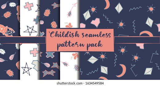 Childish seamless pattern set made in hand drawn doodle style. Design animal made in soft colours. Background or wallpaper may use for wrapping paper, web page, kids nursery, postcard, hand made album