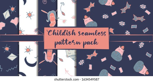 Childish seamless pattern set made in hand drawn doodle style. Design animal made in soft colours. Background or wallpaper may use for wrapping paper, web page, kids nursery, postcard, hand made album