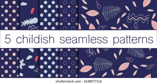 Childish seamless pattern set made in floral, forest style. Design elements made in soft colours. Background or wallpaper may use for wrapping paper, web page, kids nursery, postcard, hand made album