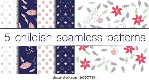 Childish seamless pattern set made in floral, forest style. Design elements made in soft colours. Background or wallpaper may use for wrapping paper, web page, kids nursery, postcard, hand made album