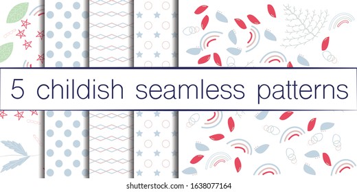 Childish seamless pattern set made in floral, forest style. Design elements made in soft colours. Background or wallpaper may use for wrapping paper, web page, kids nursery, postcard, hand made album