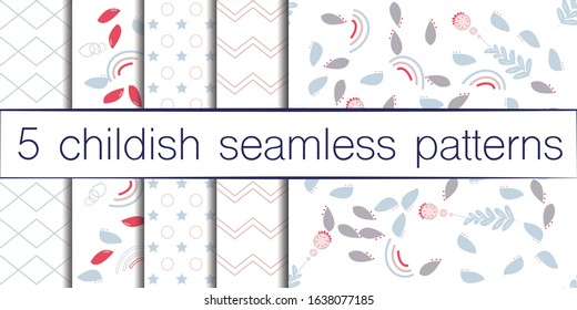 Childish seamless pattern set made in floral, forest style. Design elements made in soft colours. Background or wallpaper may use for wrapping paper, web page, kids nursery, postcard, hand made album