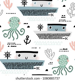 Childish seamless pattern with ship, octopus and waves. Scandinavian style. Summer marina background. Perfect for fabric, textile. Vector background. Pastel colors