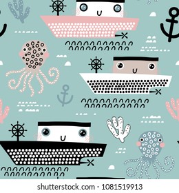 Childish seamless pattern with ship, octopus and waves. Scandinavian style. Summer marina background. Perfect for fabric, textile. Vector background. Pastel colors