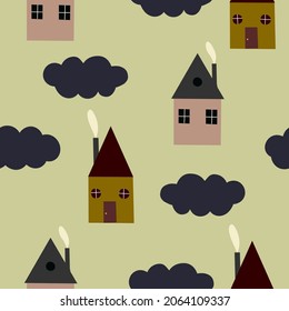 Patrón infantil sin costura con casas simples y nubes oscuras. Textura infantil creativa para tela, envoltura, textil, papel pintado, vestimenta. Ilustración vectorial en estilo minimalista.