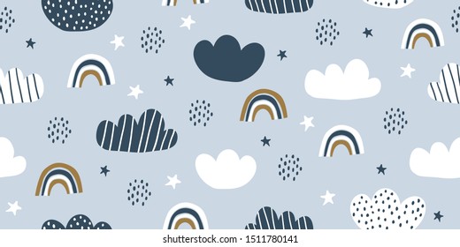 Childish seamless pattern with sky, clouds, rainbows. Cute cartoon background in minimalistic scandinavian design style. Pastel colors. Perfect for fabric, textile, wrapping for kids. Kids pattern