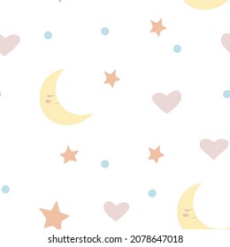 childish seamless pattern of sky in pastel colors, moon, stars and hearts on a white background. sleep and dreaming concept for toddlers