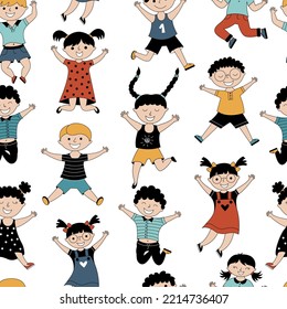 Patrón infantil sin costura con niños sonrientes, felices y saltantes. Fondo vectorial con niños en diferentes posiciones. Se puede usar para textiles, papel pintado, papel impreso y prendas de vestir. 