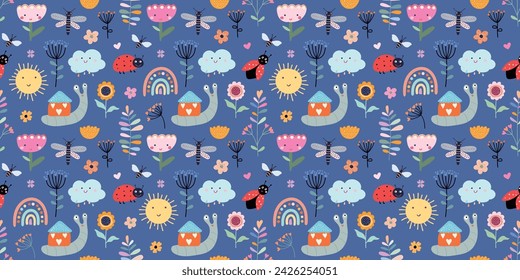 Childish seamless pattern with snails, ladybirds and rainbows, decorative wallpaper, spring summer design, kids ornamental backgrounds