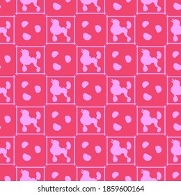 Childish seamless pattern of soft pink stylized contour dog and design elements. Dog breed poodle in frame pattern