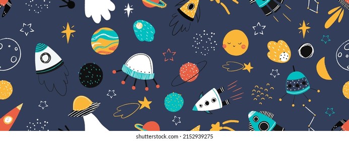 childish seamless pattern with space, alien, transport, vector illustration