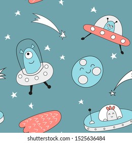 Childish seamless pattern with space characters - aliens and UFO in Scandinavian style. Vector Illustration. Kids poster for nursery design. Great for baby clothes, greeting card, wrapping paper.