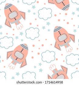 Childish seamless pattern with space elements, rocket, star and clouds. Space Background for Kids. Trendy kids vector background for wallpaper, clothing, packaging, fabrics.