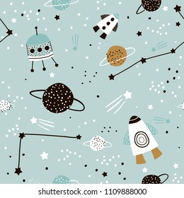 Patrón chileno sin fisuras con espacio, luna, cohete, estrellas y planeta.Perfecto para niños y tejidos para bebés, textiles, prendas de vestir, viveros