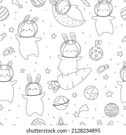 Childish seamless pattern with space rabbits, planets, stars, comets and carrots. Cartoon doodle animals. Hand drawn bunnies. Coloring page. Vector illustration.