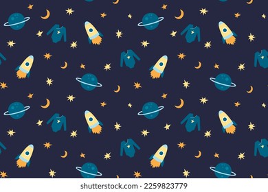Childish seamless pattern with space rockets, planets, stars, moon on blue background. Trendy children's vector Space wallpaper