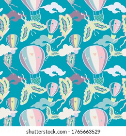 Childish seamless pattern with space ship and butterflies in the sky.