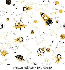 Childish seamless pattern - space, spaceships and planets with stars. Trendy kids vector background.