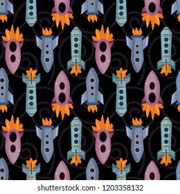 Childish seamless pattern with spaceship 
