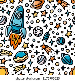 Childish seamless pattern with spaceship, planets and stars. Stock vecotr