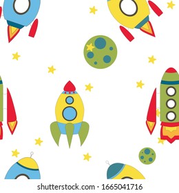 Patrón infantil sin fisuras con nave espacial y estrellas