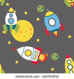 Childish seamless pattern with spaceship and stars