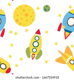 Childish seamless pattern with spaceship and stars